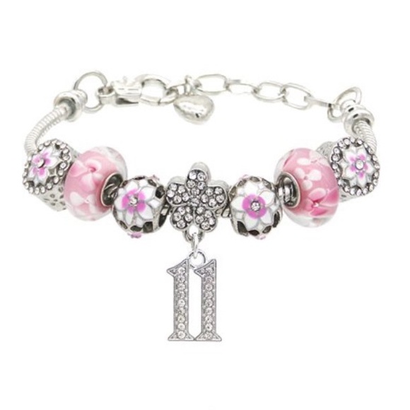 8" Charm Bracelet Silver Happy 11th Birthday Crystal Pave Setting, Enamel Beads - Picture 6 of 8